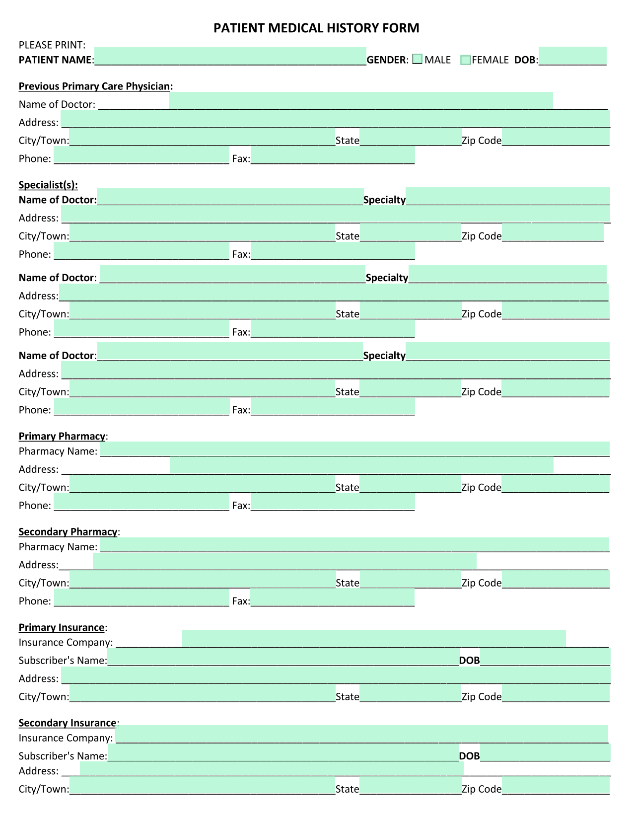 PATIENT MEDICAL HISTORY FORM screenshot