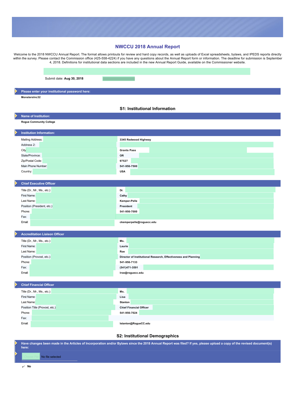 NWCCU 2018 Annual Report screenshot