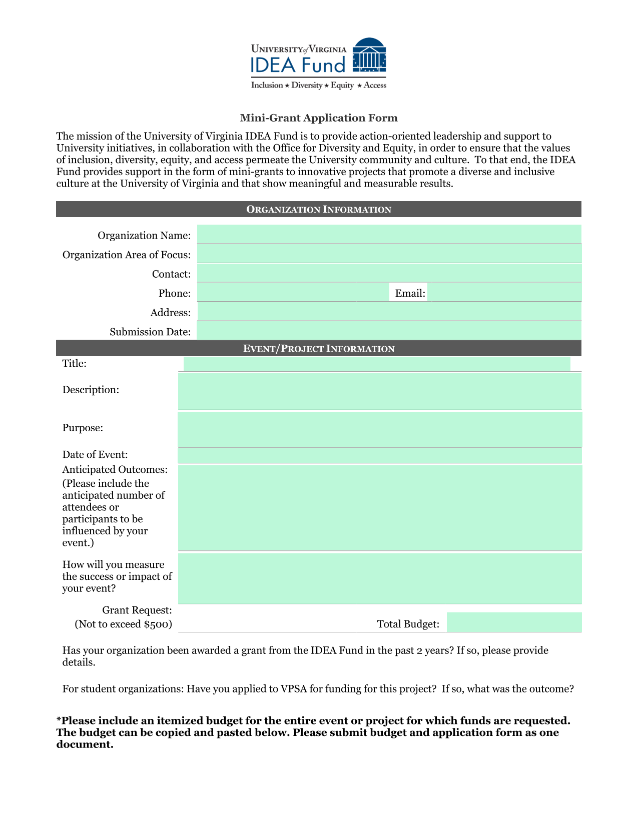 Mini Grant Application Form screenshot