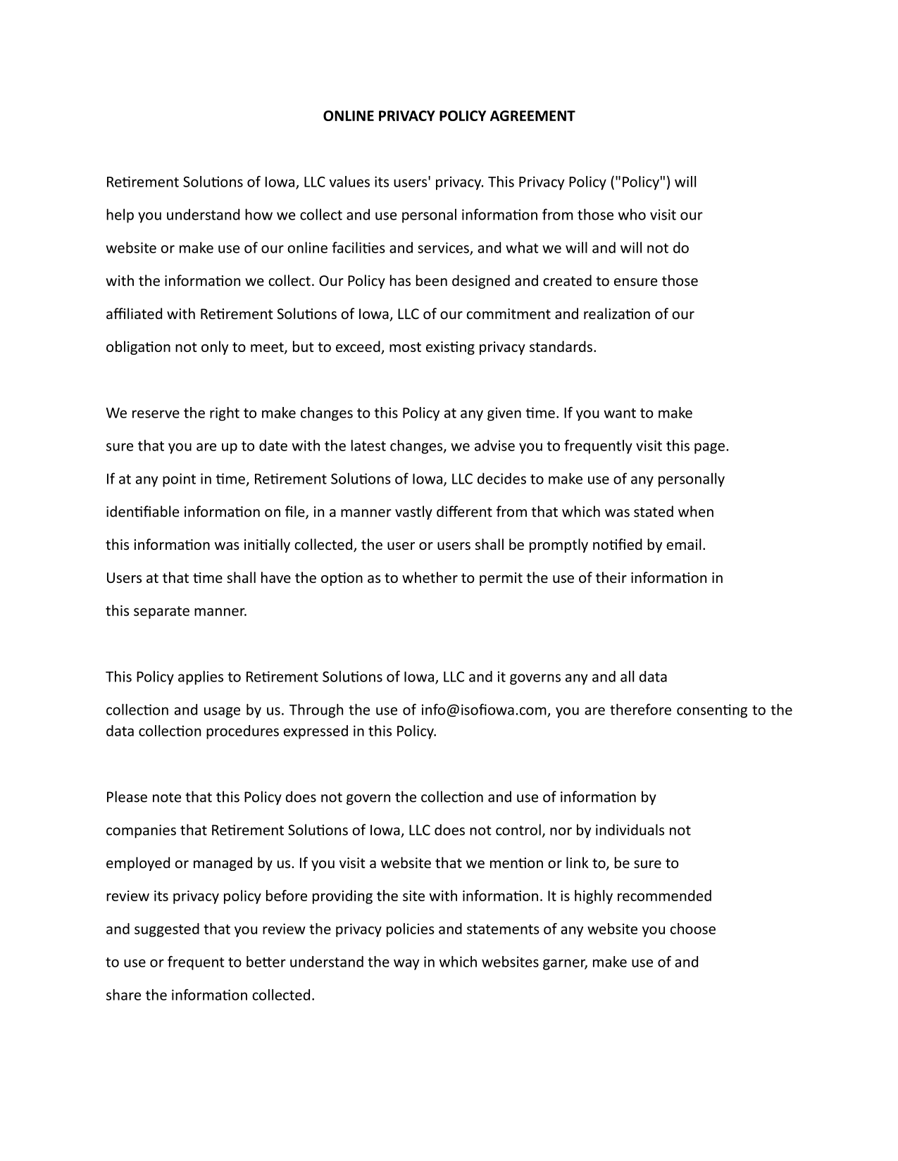 Online Privacy Policy Agreement screenshot