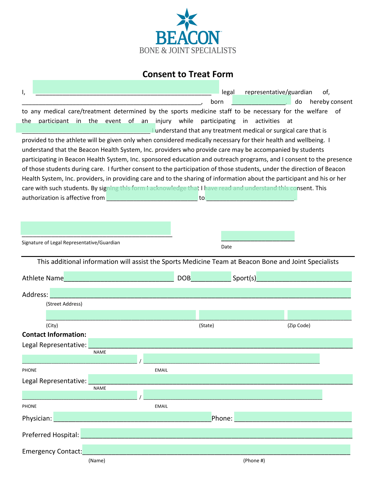 Consent To Treat Form screenshot
