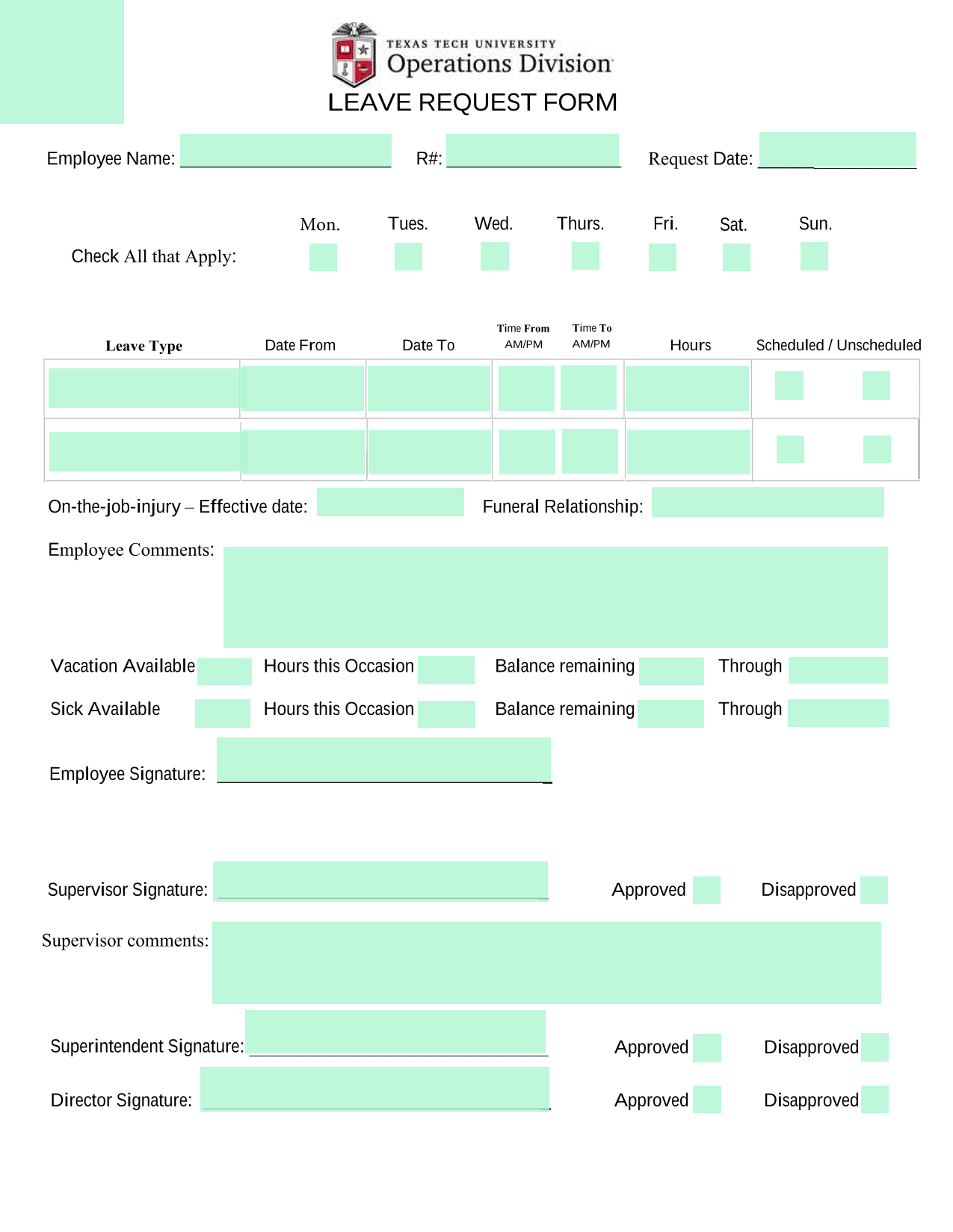 LEAVE REQUEST FORM screenshot