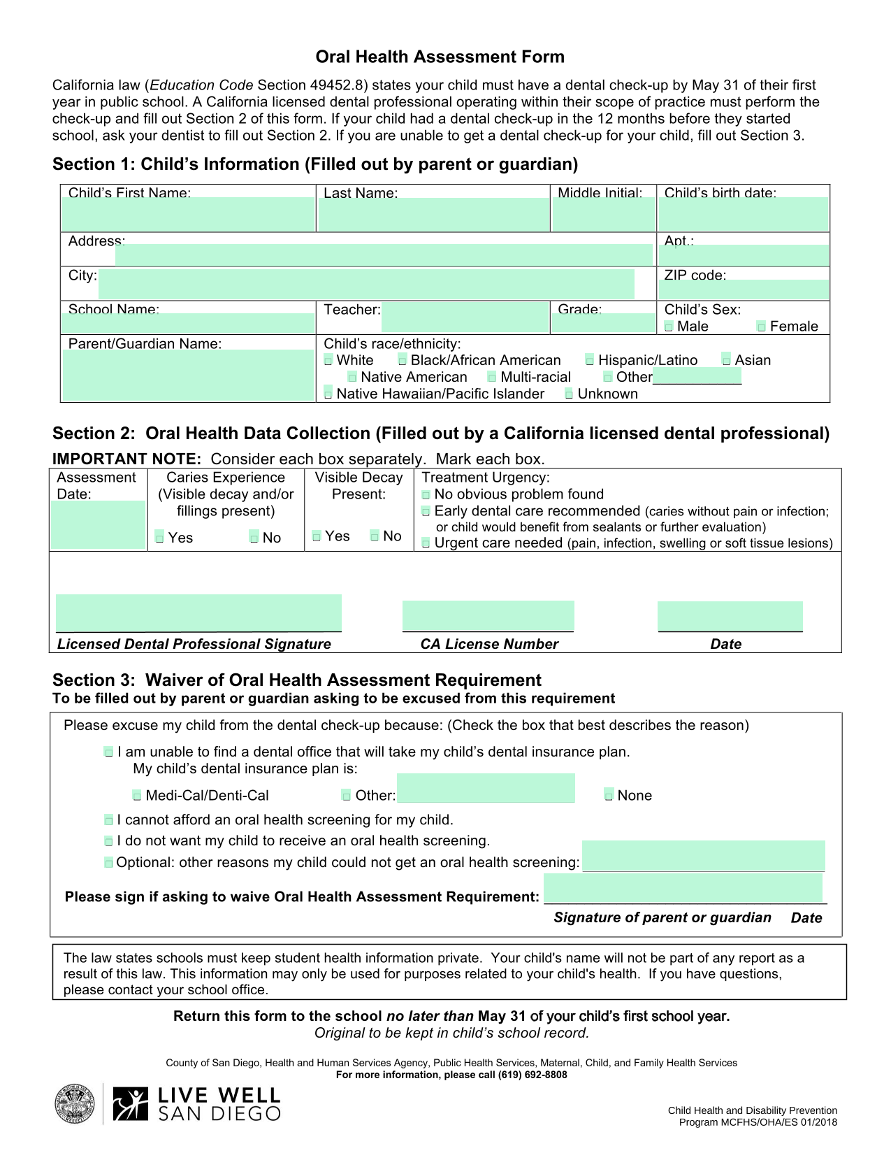 Oral Health Assessment Form screenshot