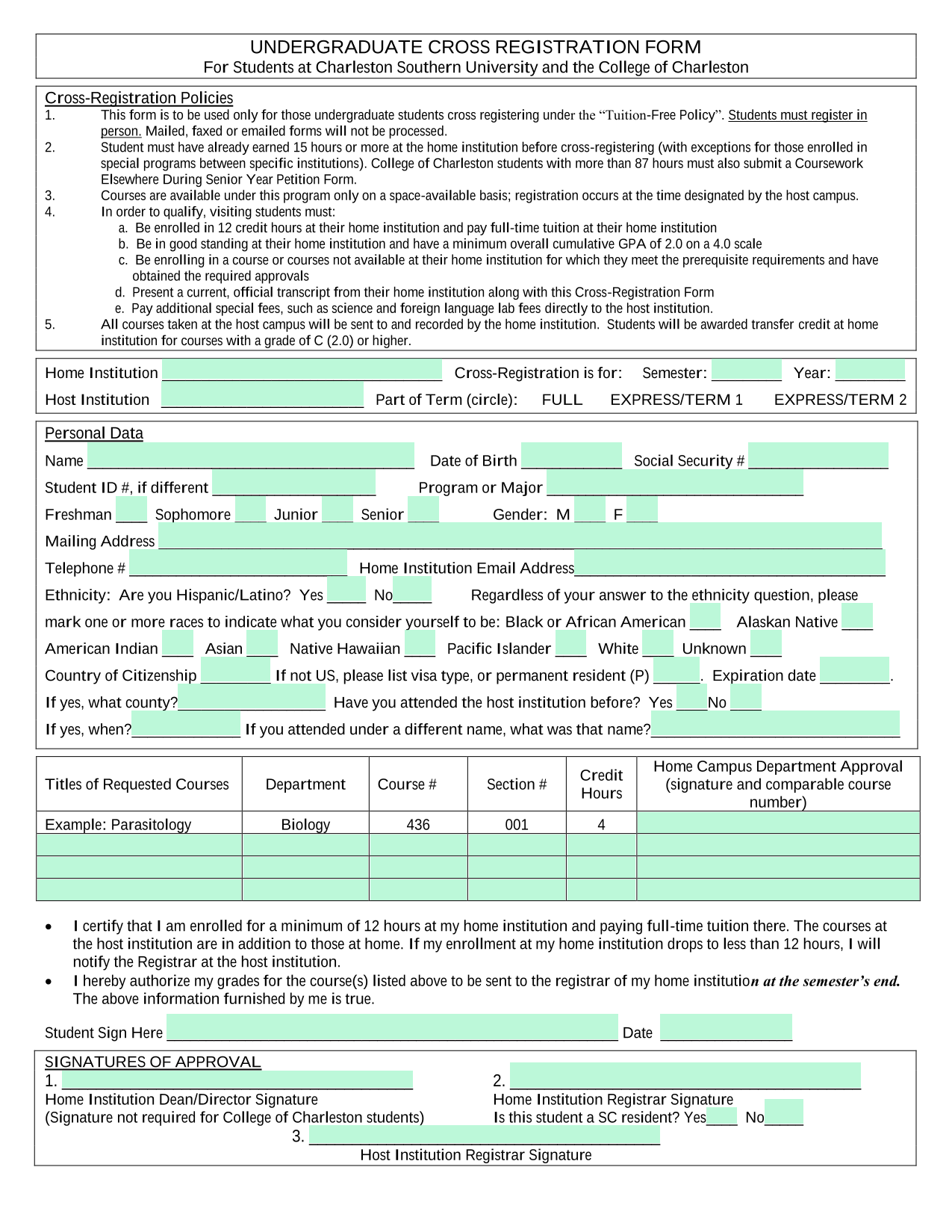 Undergraduate Cross Registration Form screenshot