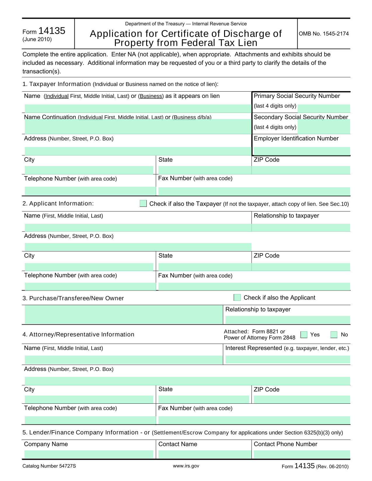 Form 14135   Application For Certificate Of Discharge Of Property From Federal Tax Lien screenshot