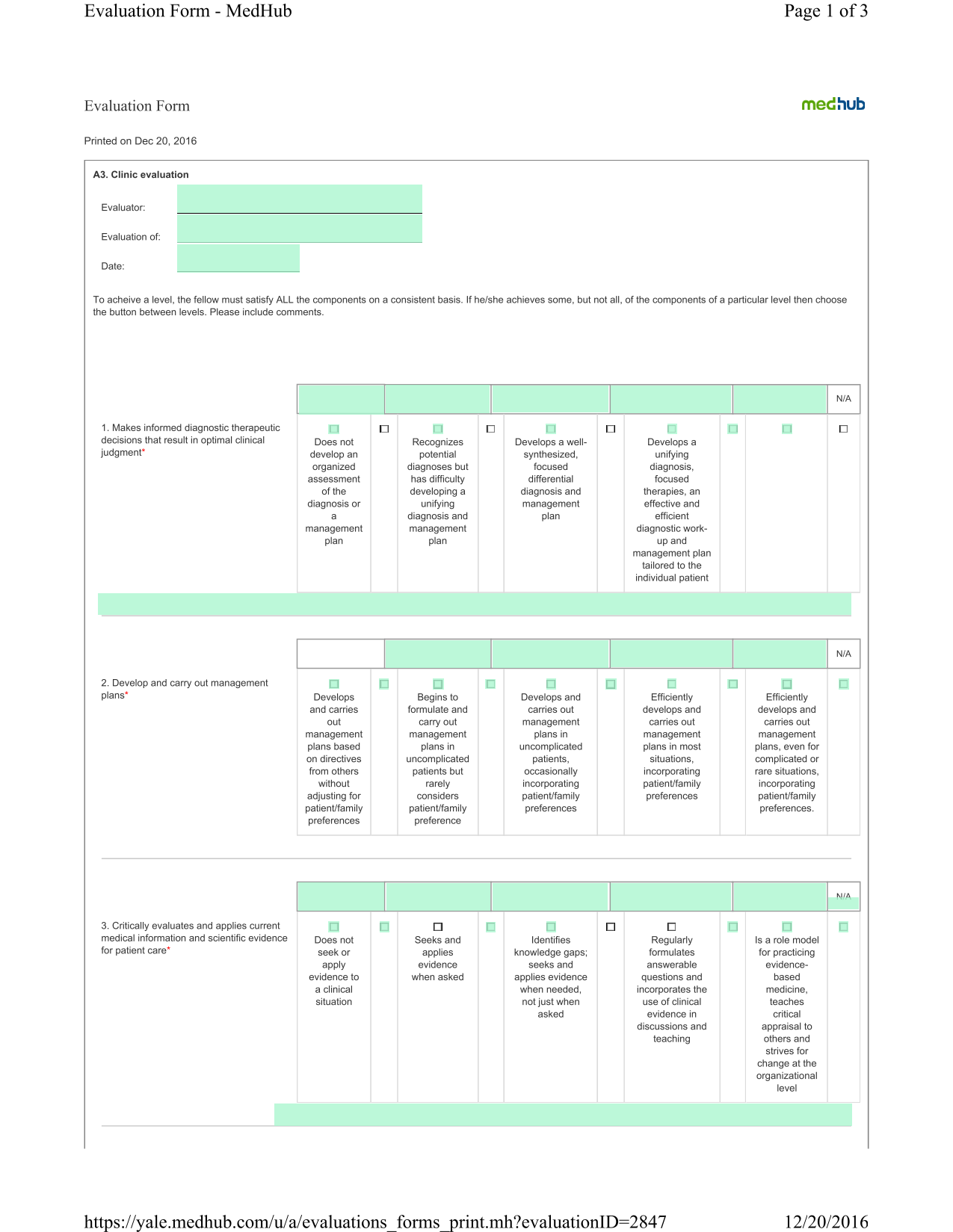 Evaluation Form screenshot