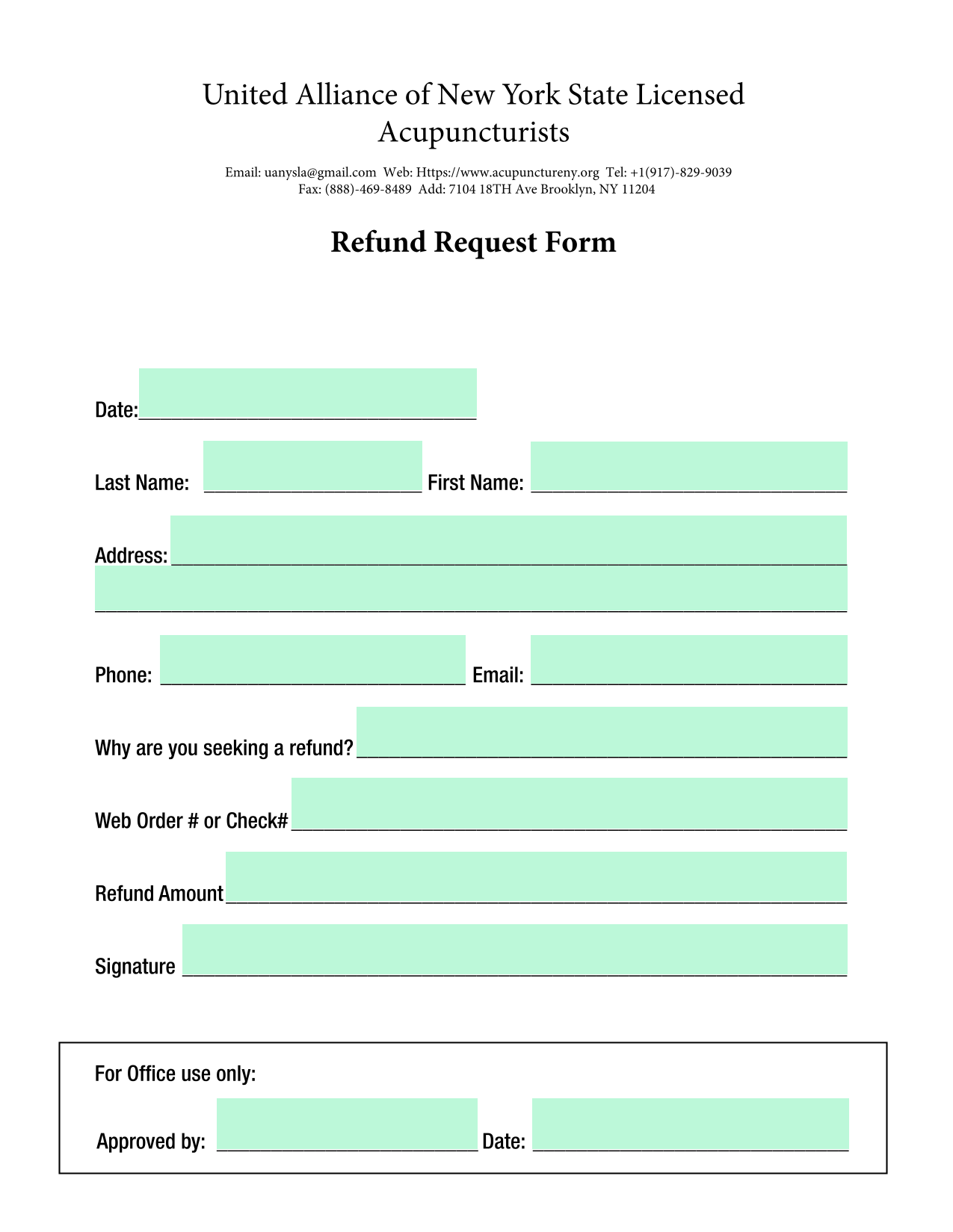 United Alliance Of New York State Licensed Acupuncturists Refund Request Form screenshot