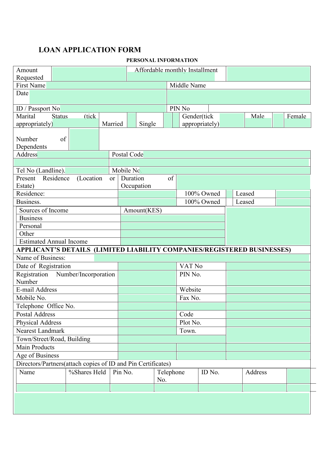 Loan Application Form screenshot