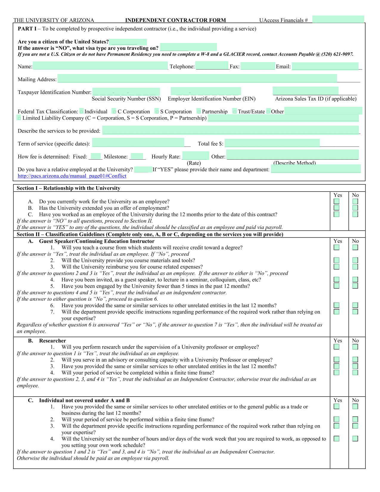 Independent Contractor Form screenshot