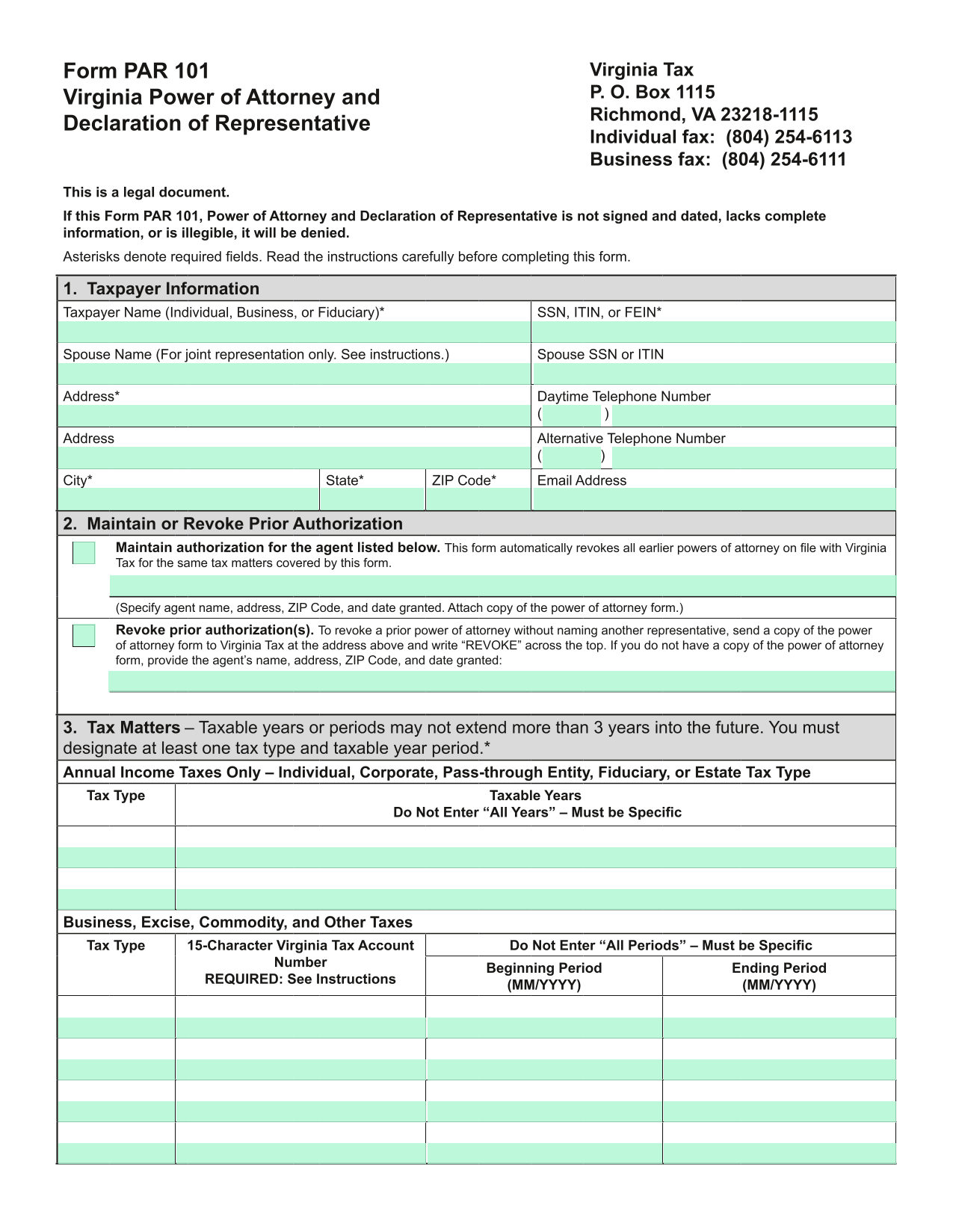 Form PAR 101   Virginia Power Of Attorney And Declaration Of Representative screenshot