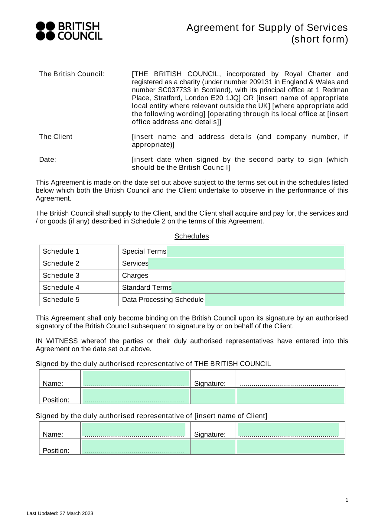Agreement For Supply Of Services (Short Form) screenshot