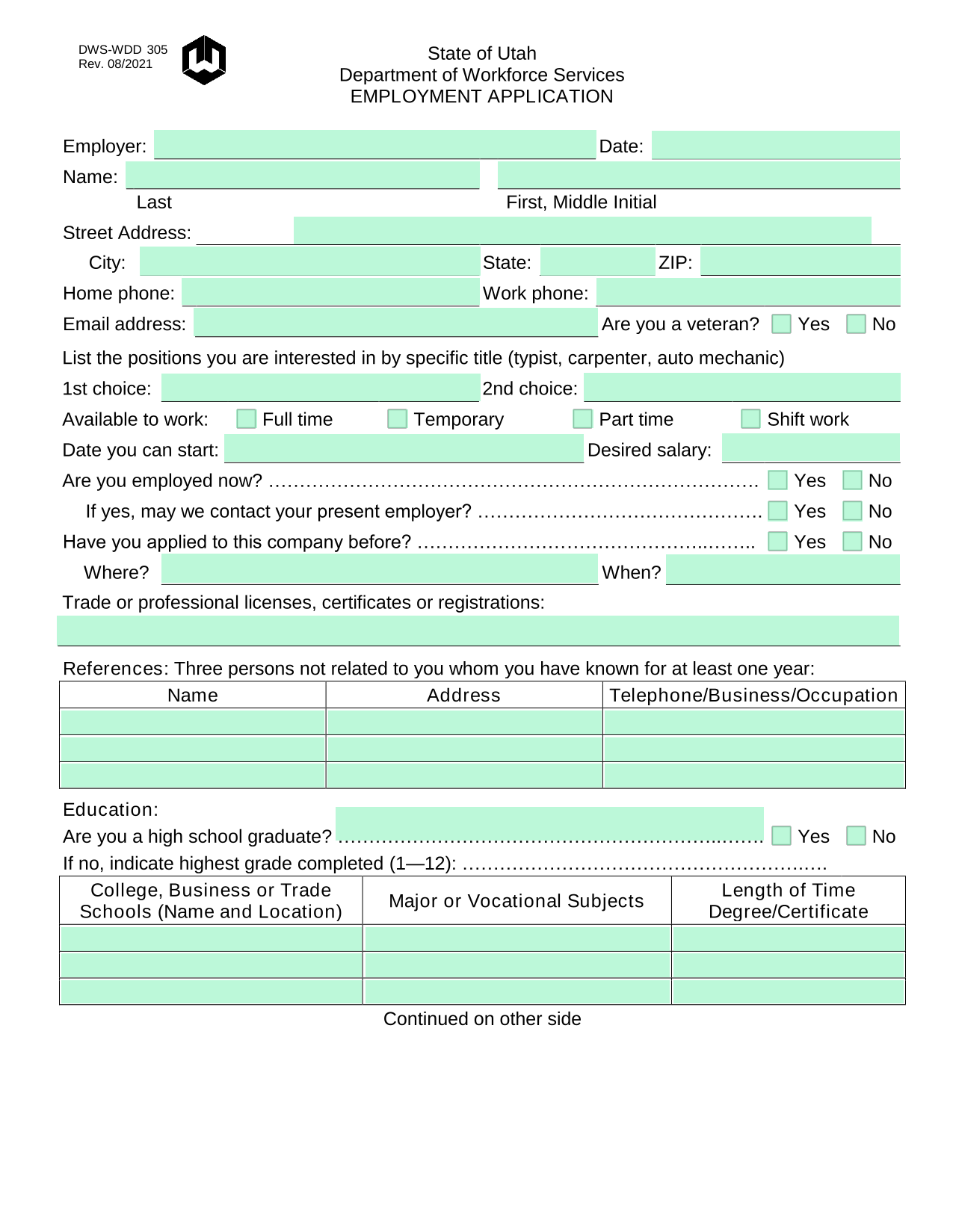 EMPLOYMENT APPLICATION screenshot