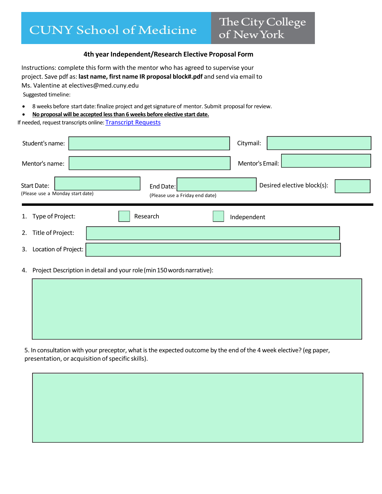 4th Year IndependentResearch Elective Proposal Form screenshot