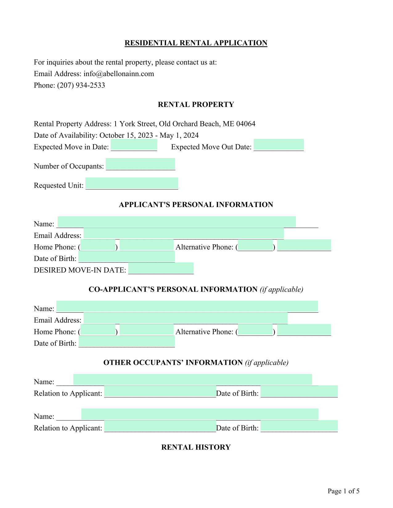 RESIDENTIAL RENTAL APPLICATION screenshot