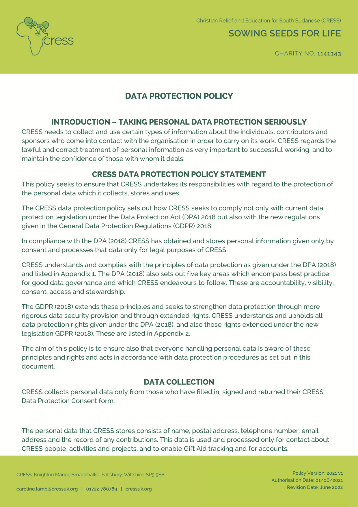 Data Protection Policy screenshot
