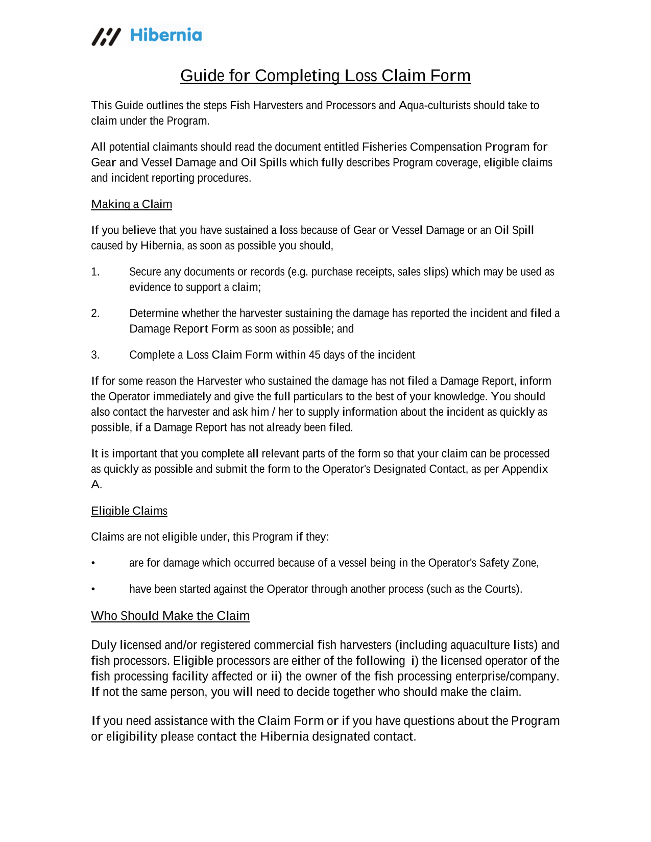Loss Claim Form screenshot