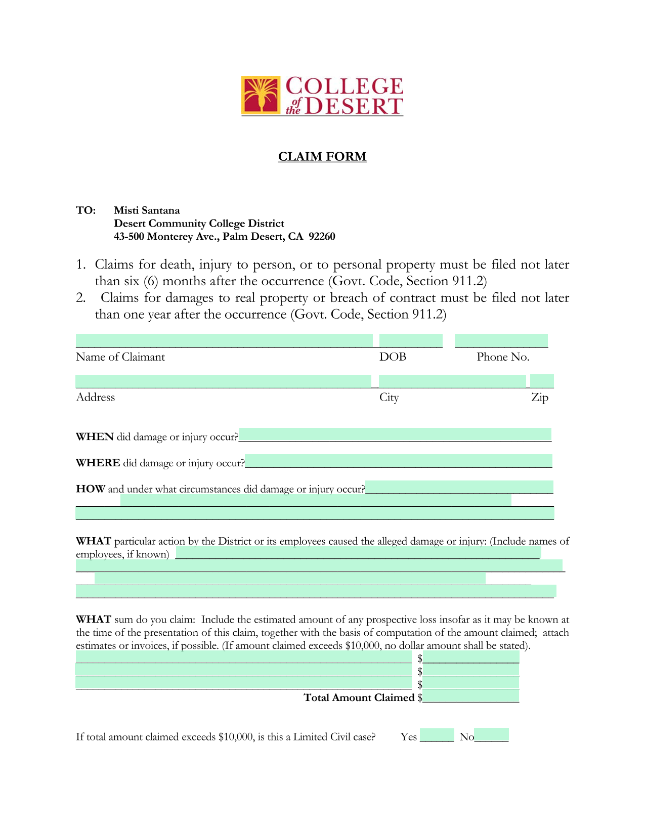 Claim Form screenshot