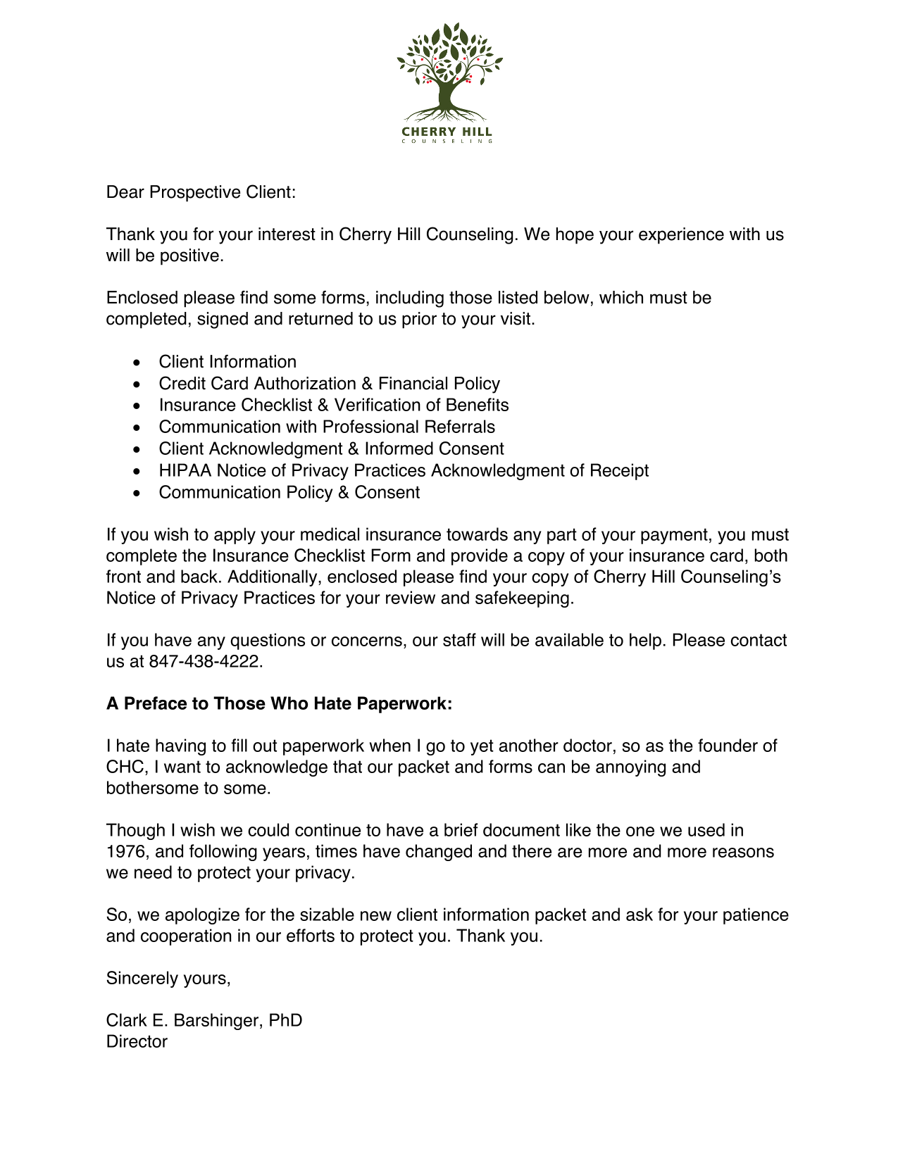 Cherry Hill Counseling New Client Information Packet screenshot