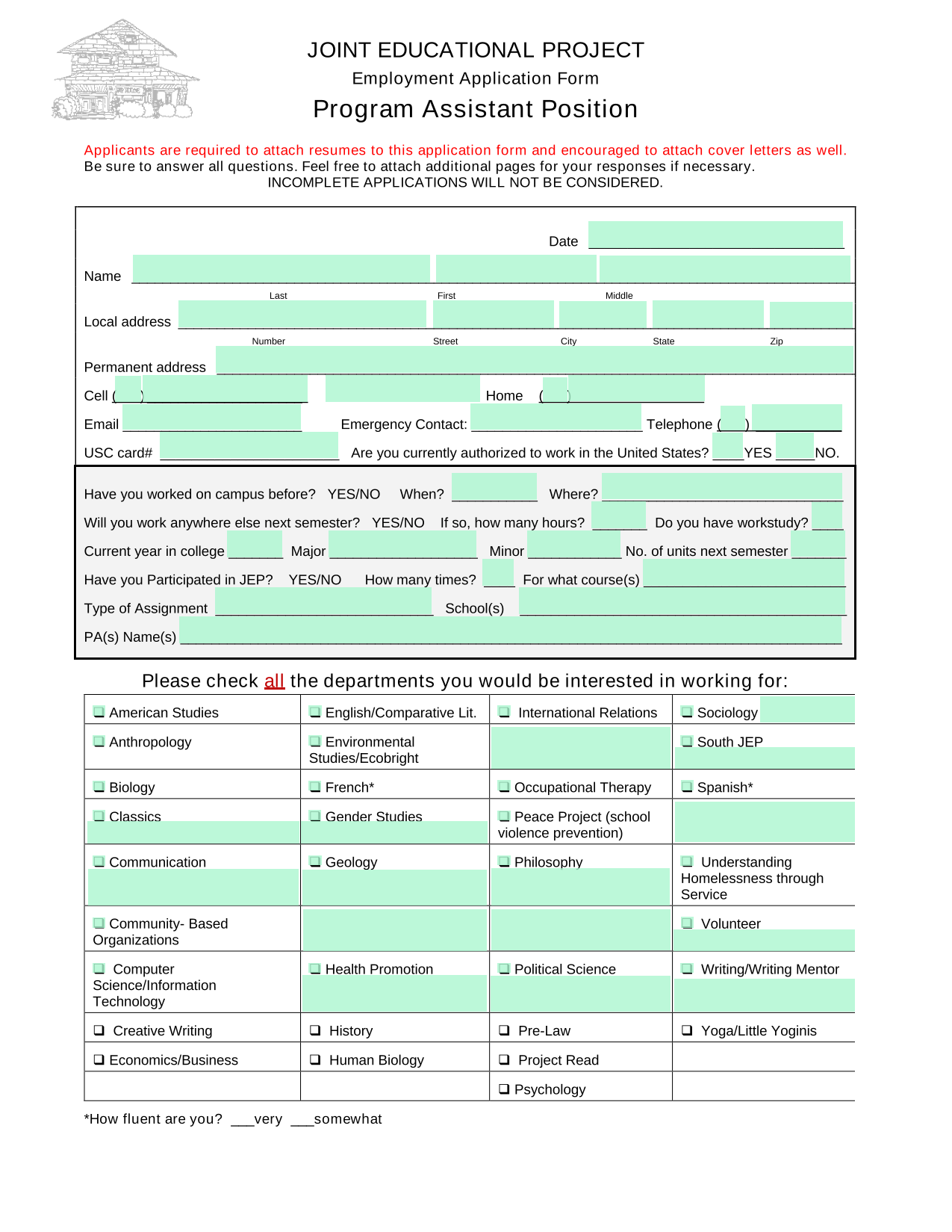 Joint Educational Project Employment Application Form screenshot
