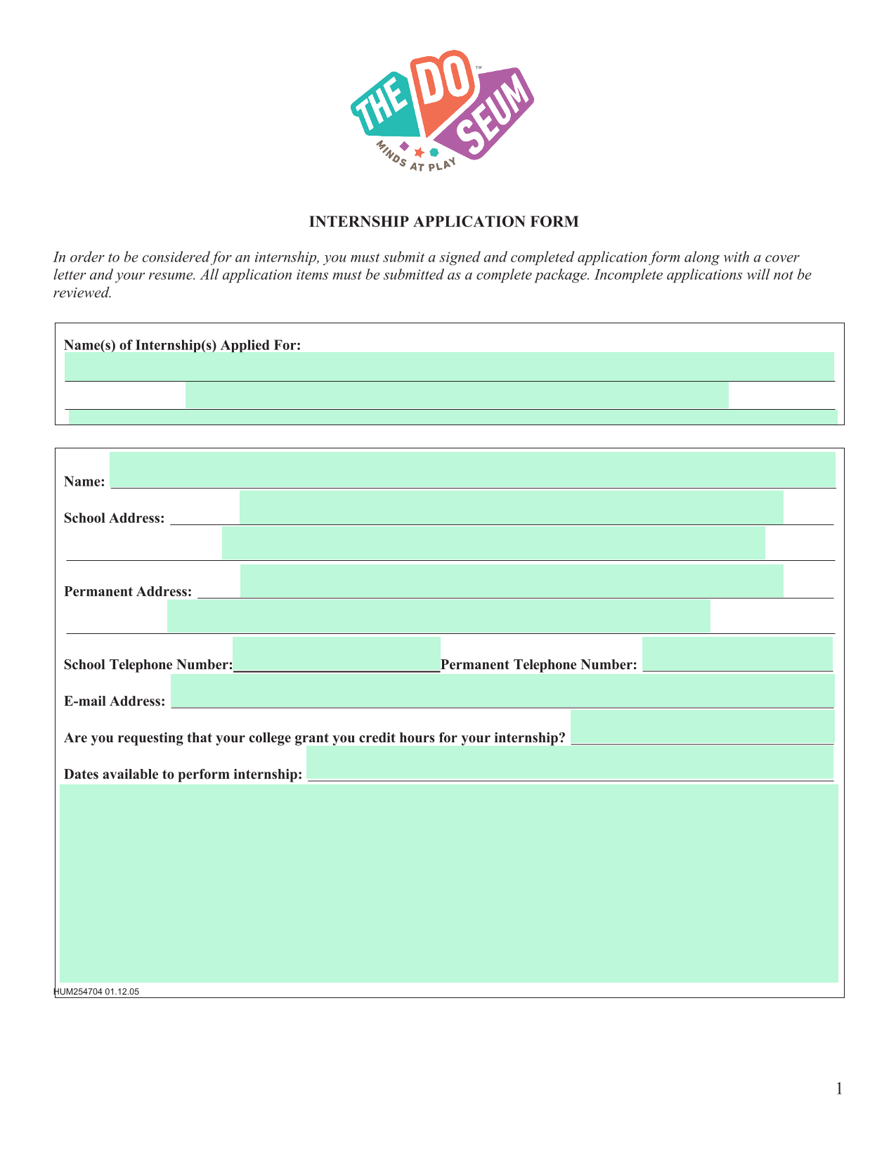 INTERNSHIP APPLICATION FORM screenshot
