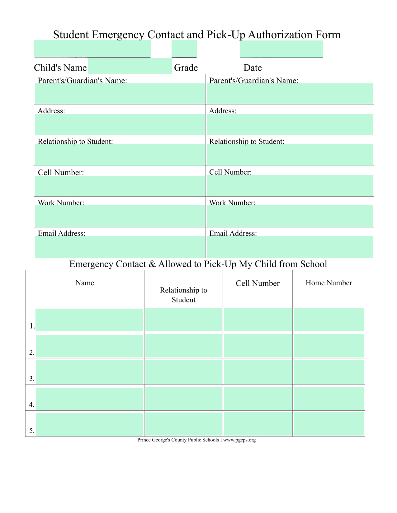 Student Emergency Contact And Pick Up Authorization Form screenshot