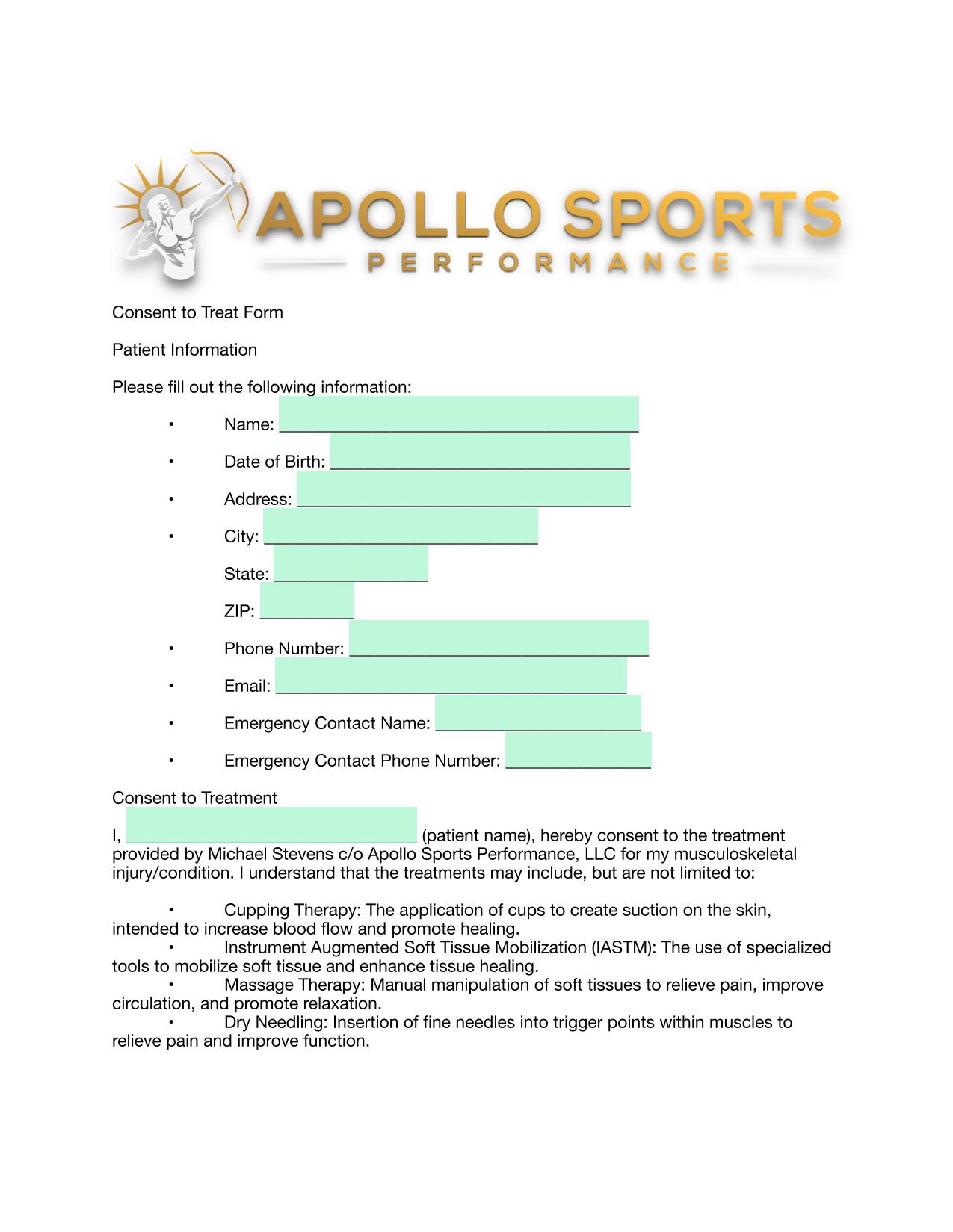 Consent To Treat Form screenshot