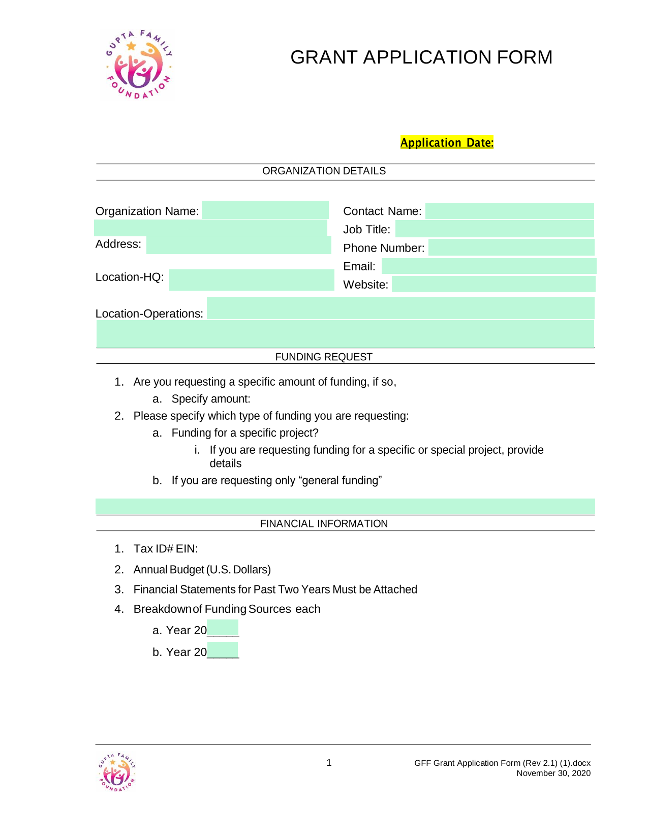 Grant Application Form screenshot