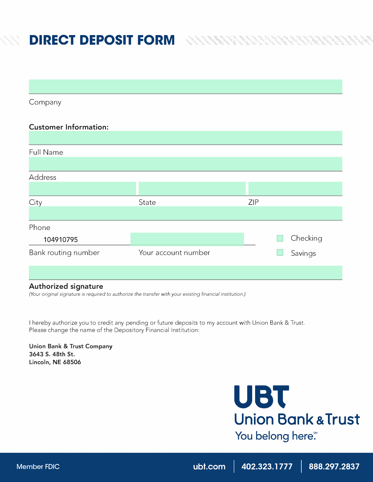 Direct Deposit Form screenshot
