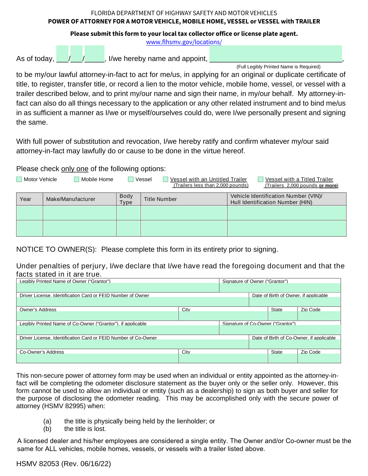 Power Of Attorney For A Motor Vehicle, Mobile Home, Vessel Or Vessel With Trailer screenshot