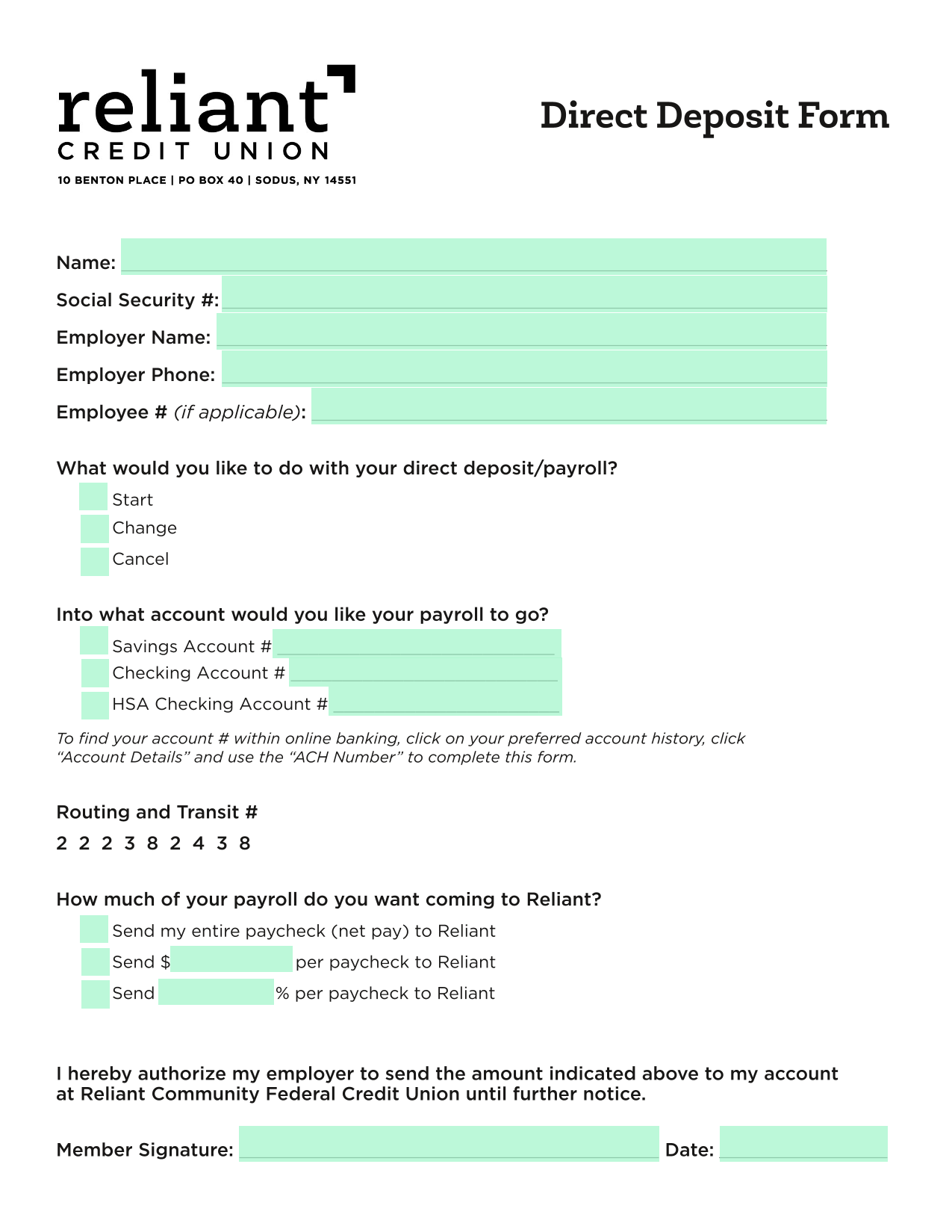 Direct Deposit Form screenshot