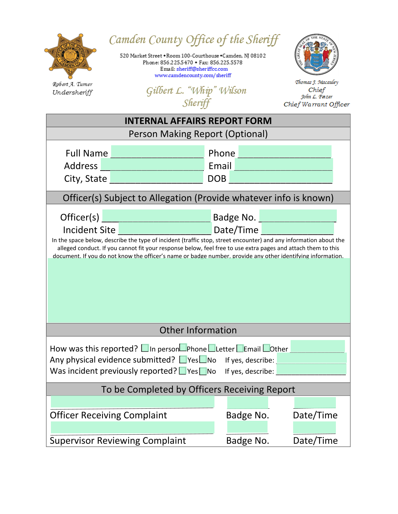 Internal Affairs Report Form screenshot