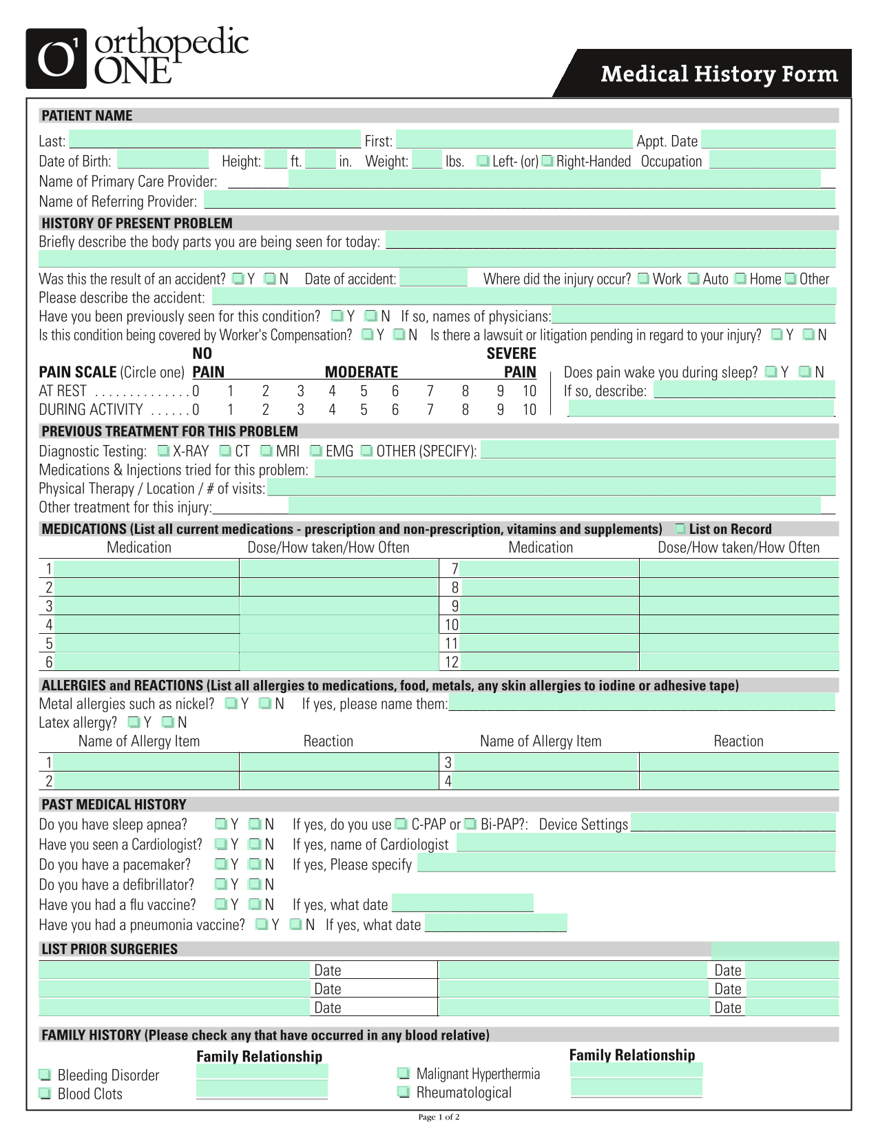 Medical History Form screenshot