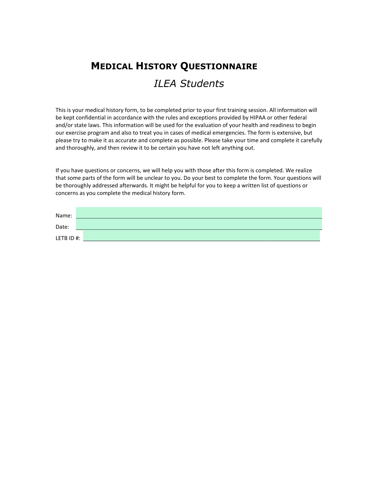 MEDICAL HISTORY QUESTIONNAIRE ILEA Students screenshot