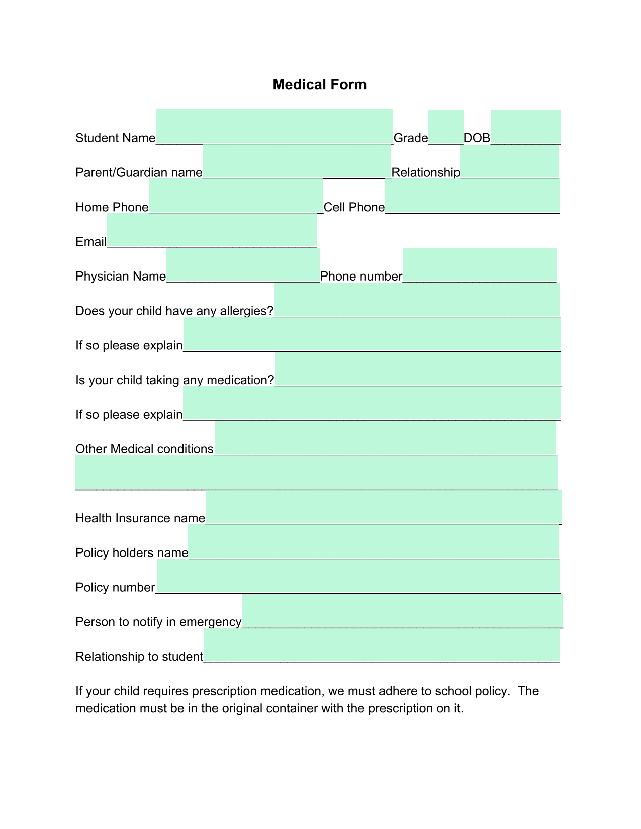 Medical Form screenshot