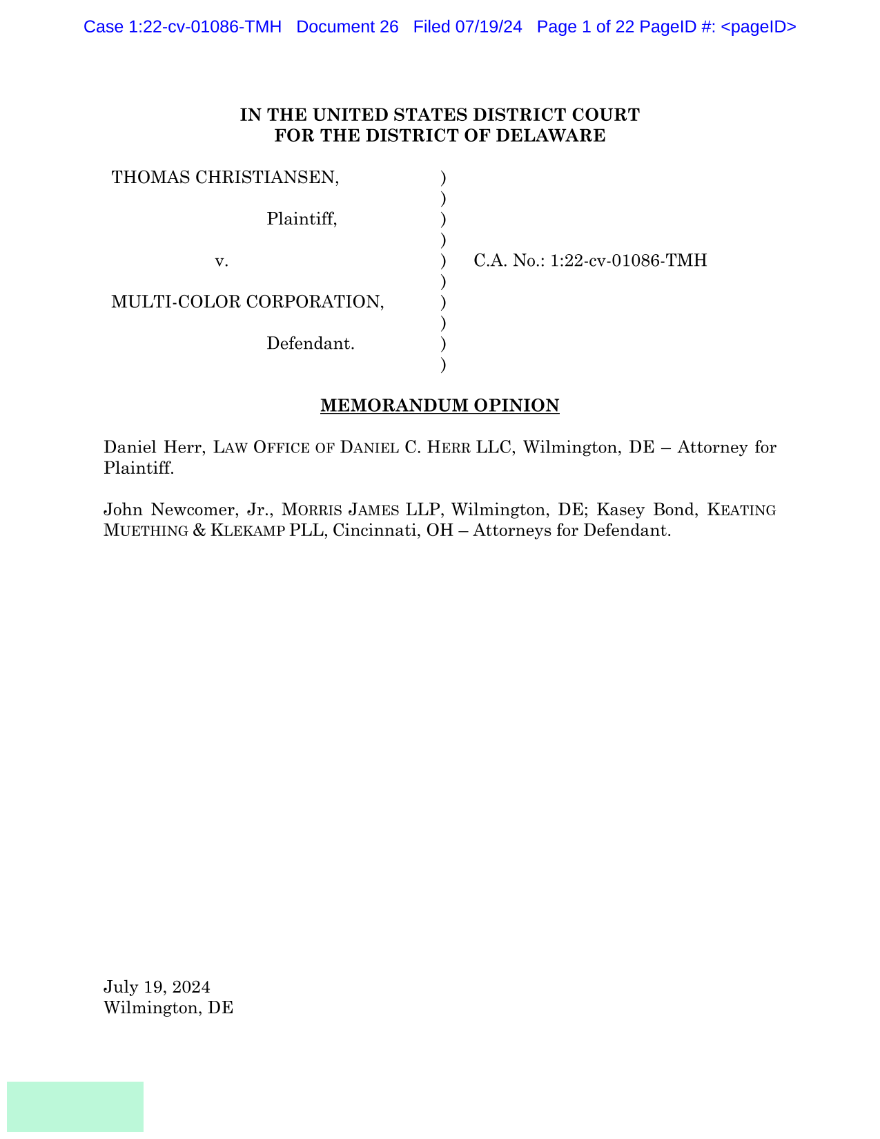 Memorandum Opinion Christiansen V. Multi Color Corporation screenshot