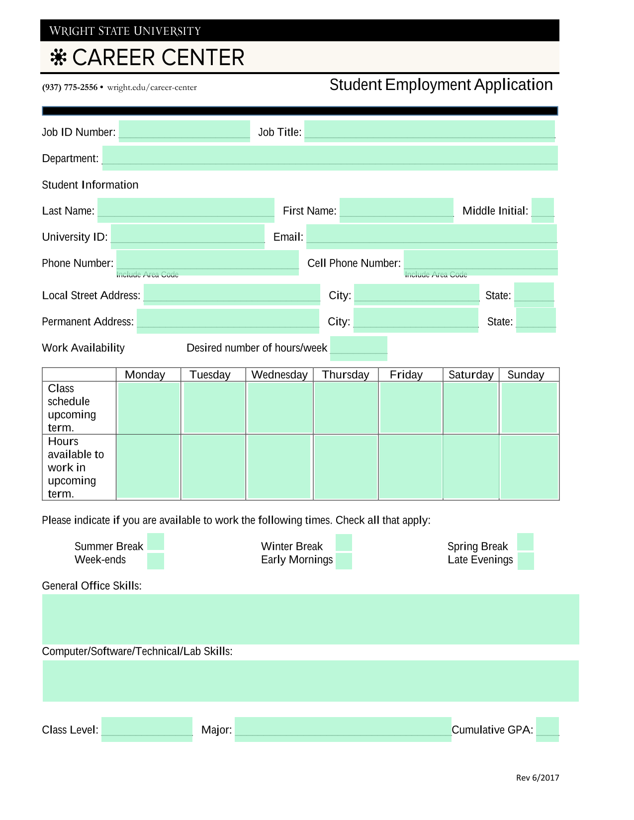 Student Employment Application screenshot