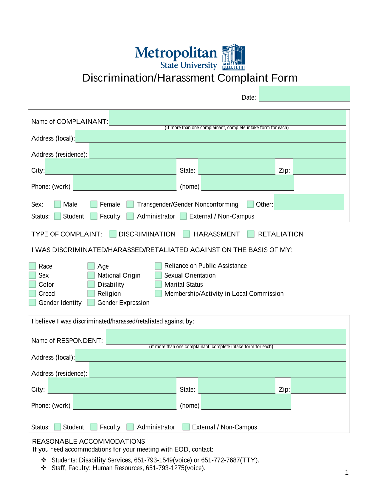 DiscriminationHarassment Complaint Form screenshot
