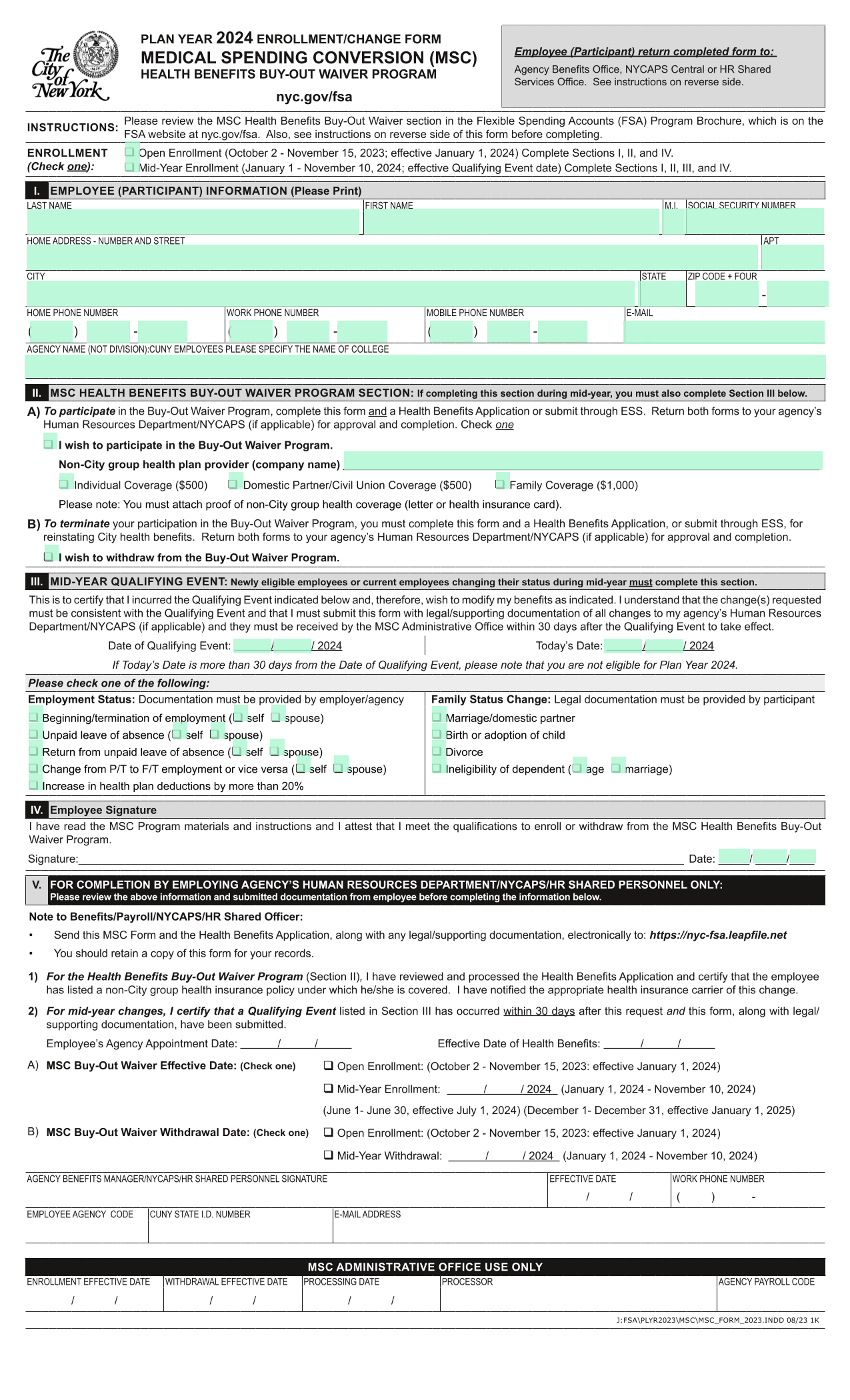 PLAN YEAR 2024 ENROLLMENTCHANGE FORM MEDICAL SPENDING CONVERSION (MSC) HEALTH BENEFITS BUY OUT WAIVE screenshot