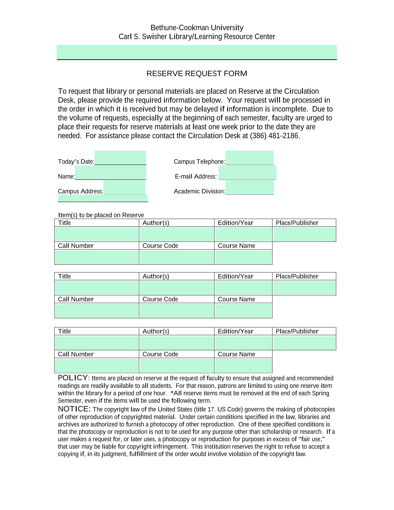 RESERVE REQUEST FORM screenshot