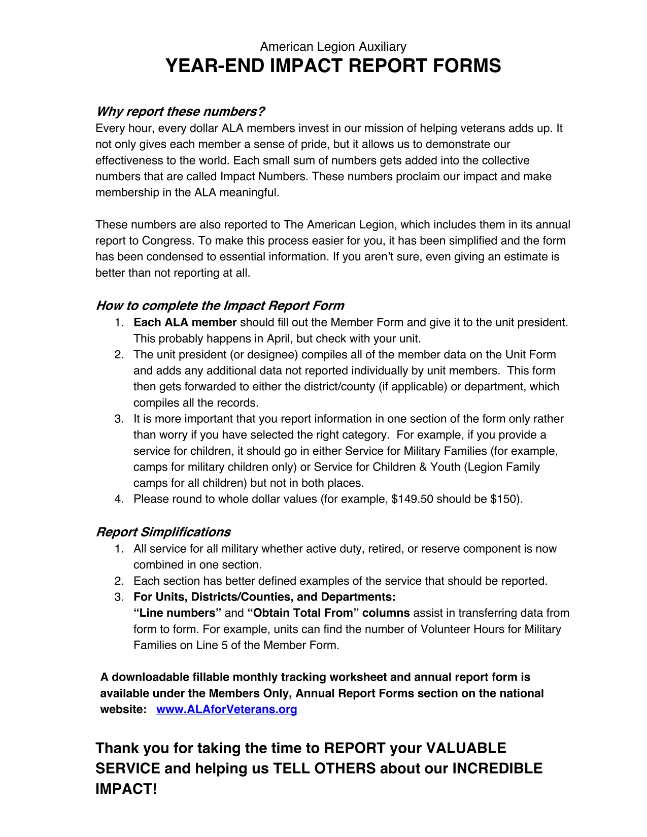 American Legion Auxiliary Year End Impact Report Forms screenshot