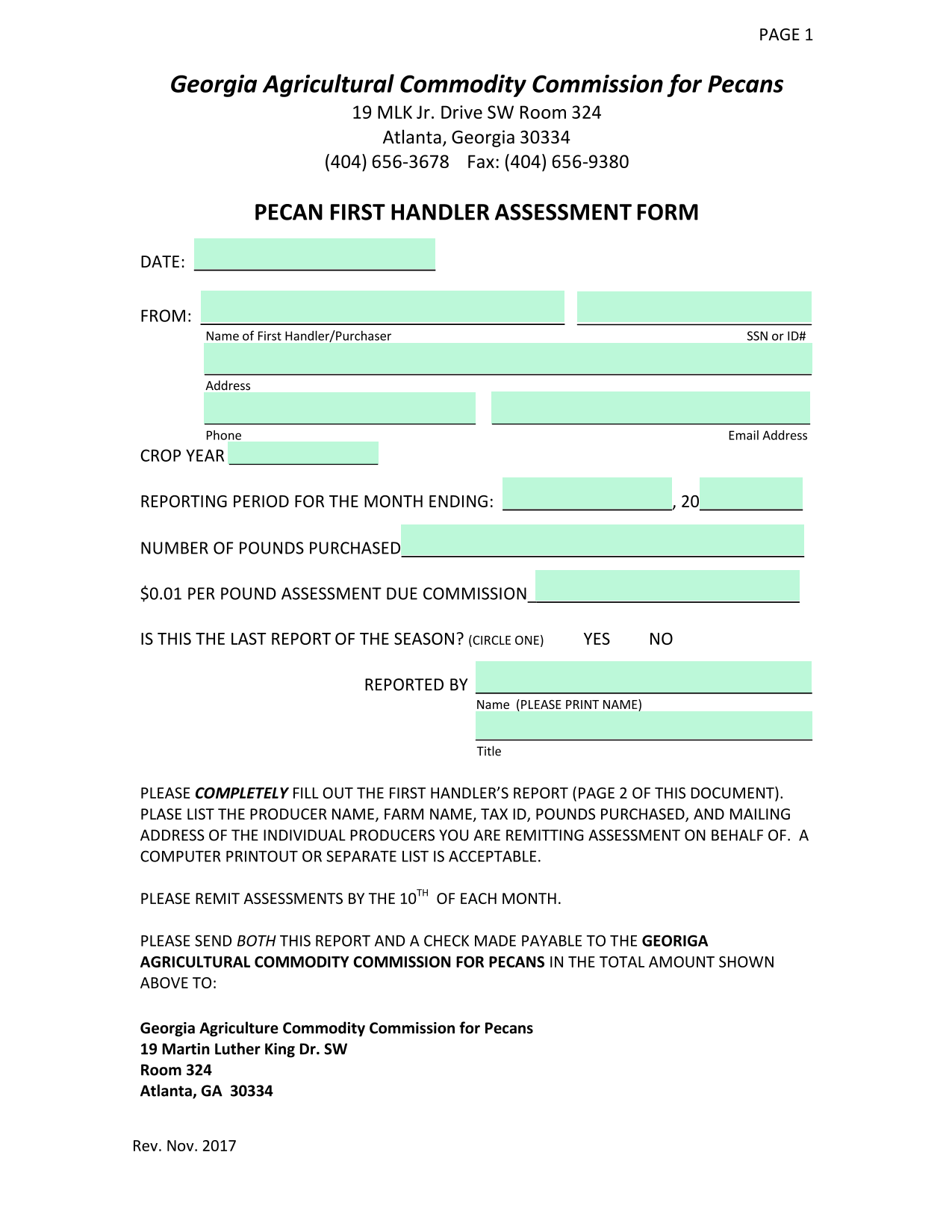 Pecan First Handler Assessment Form screenshot