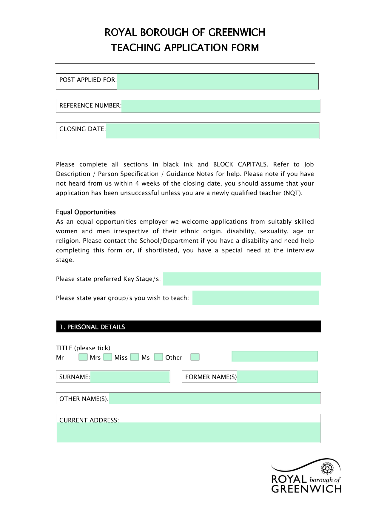 ROYAL BOROUGH OF GREENWICH TEACHING APPLICATION FORM screenshot