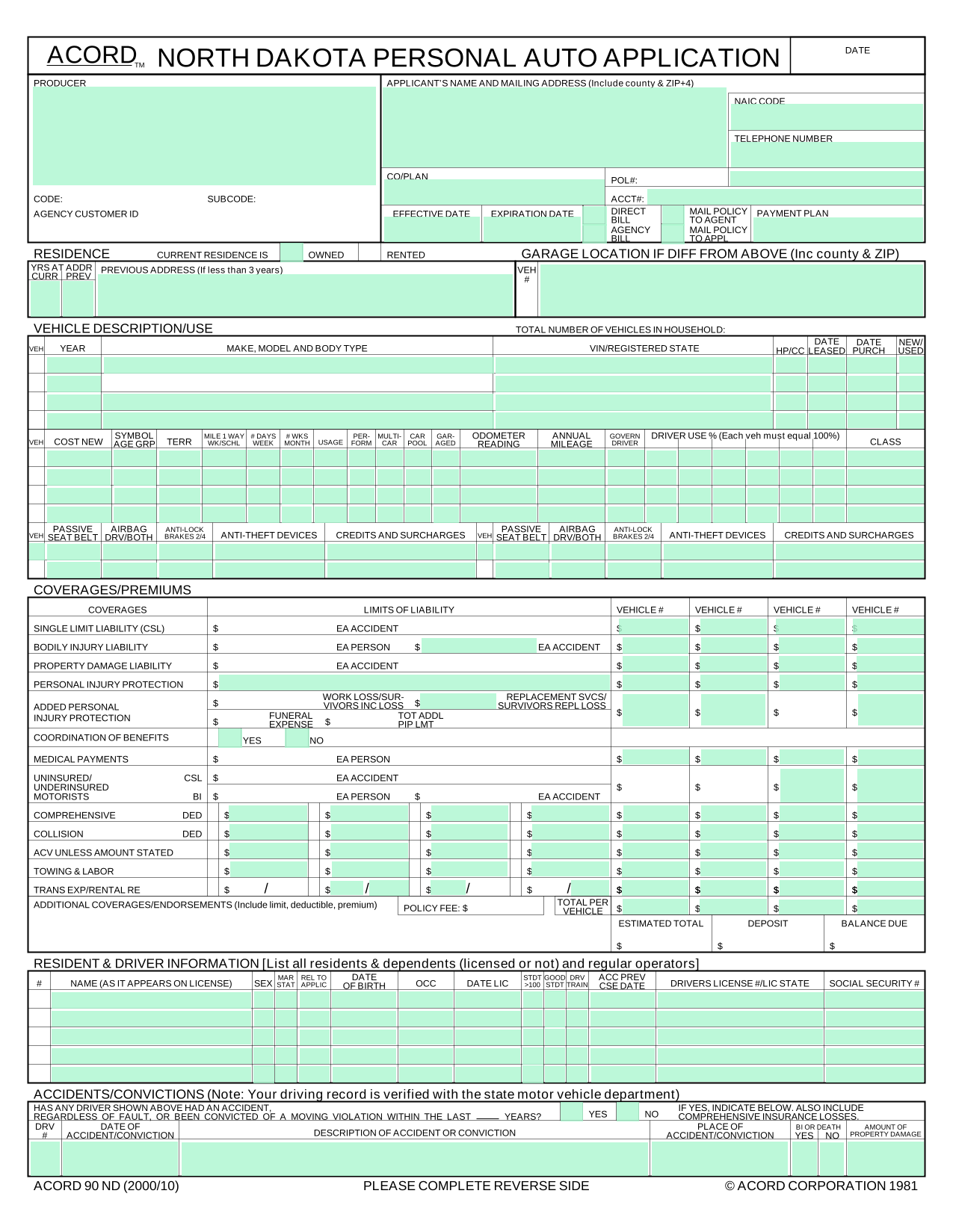 Auto Insurance Application Form screenshot