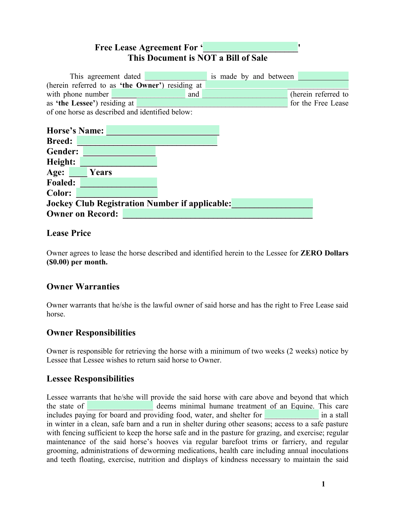 Free Lease Agreement For Horse screenshot