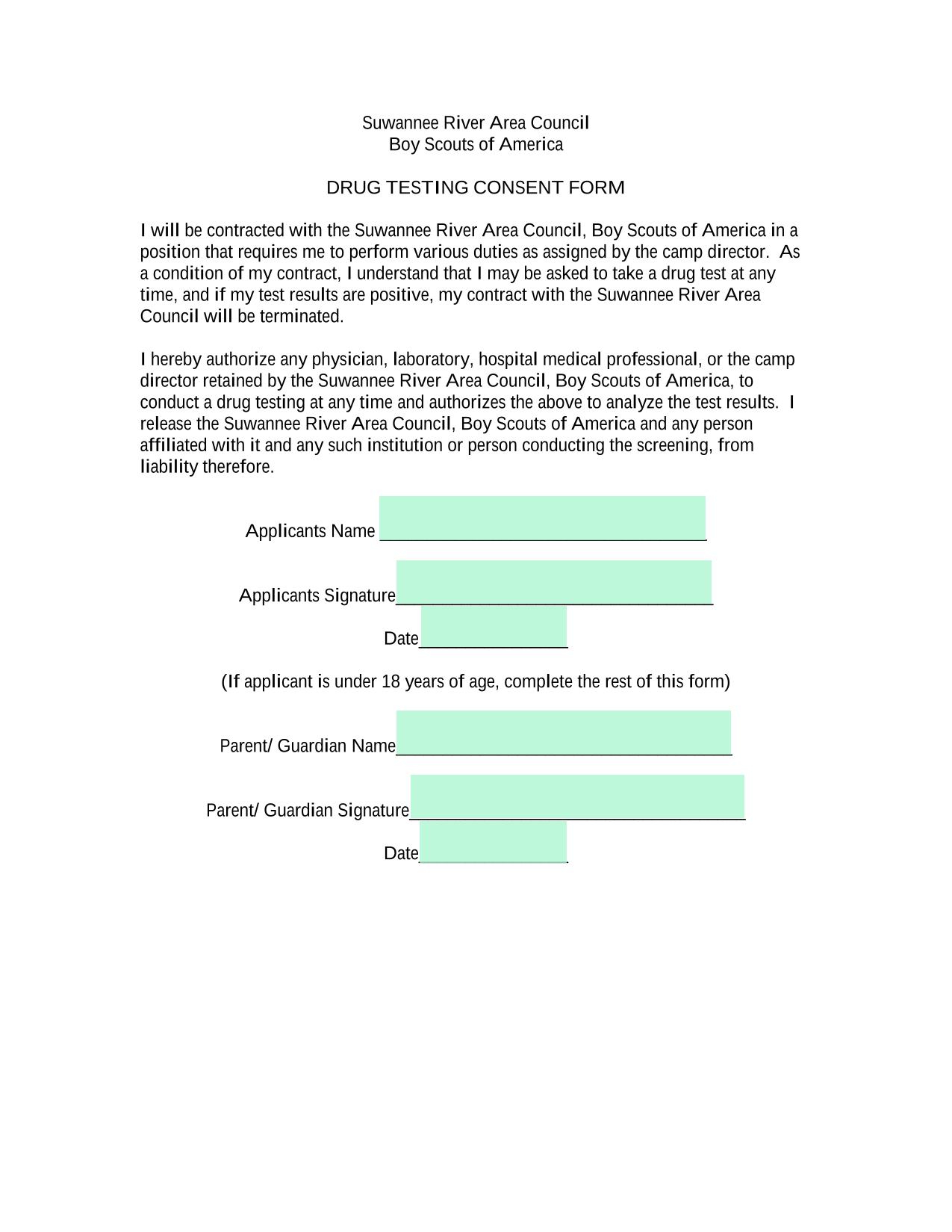 Drug Testing Consent Form screenshot
