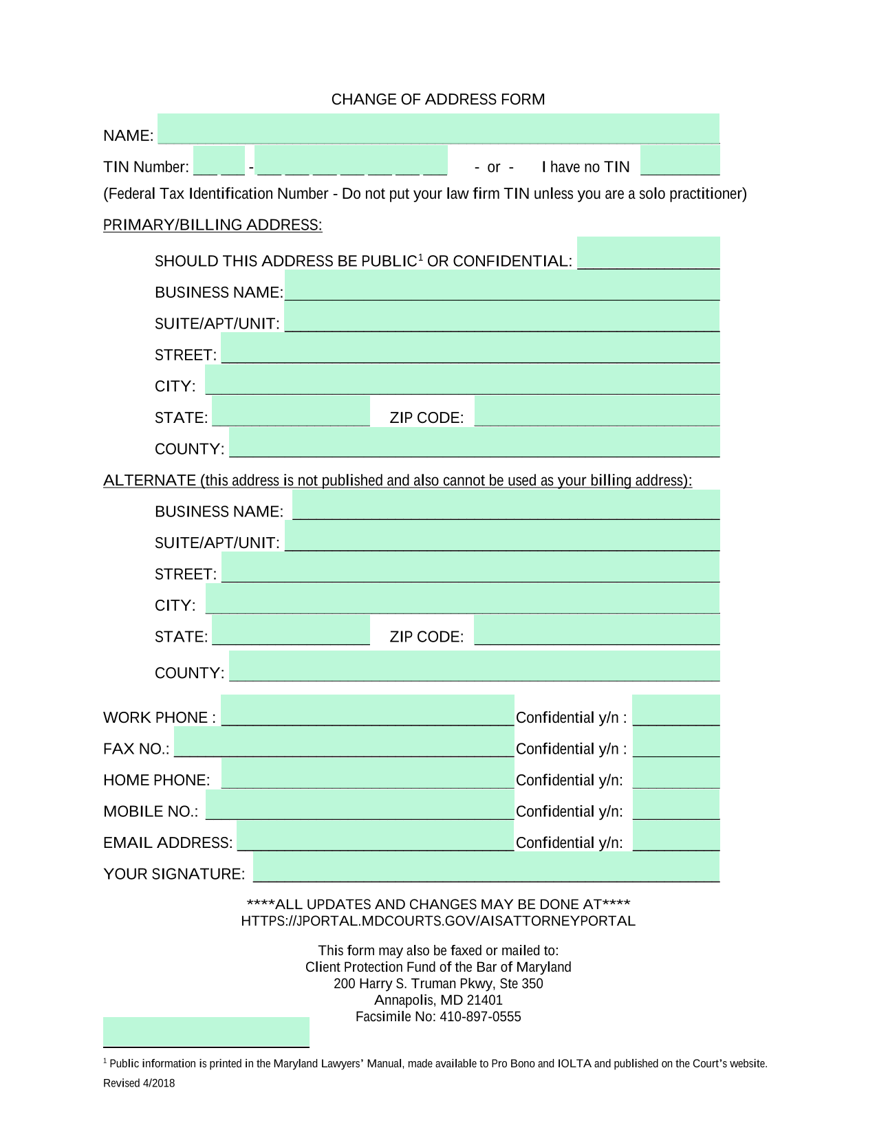 Change Of Address Form screenshot