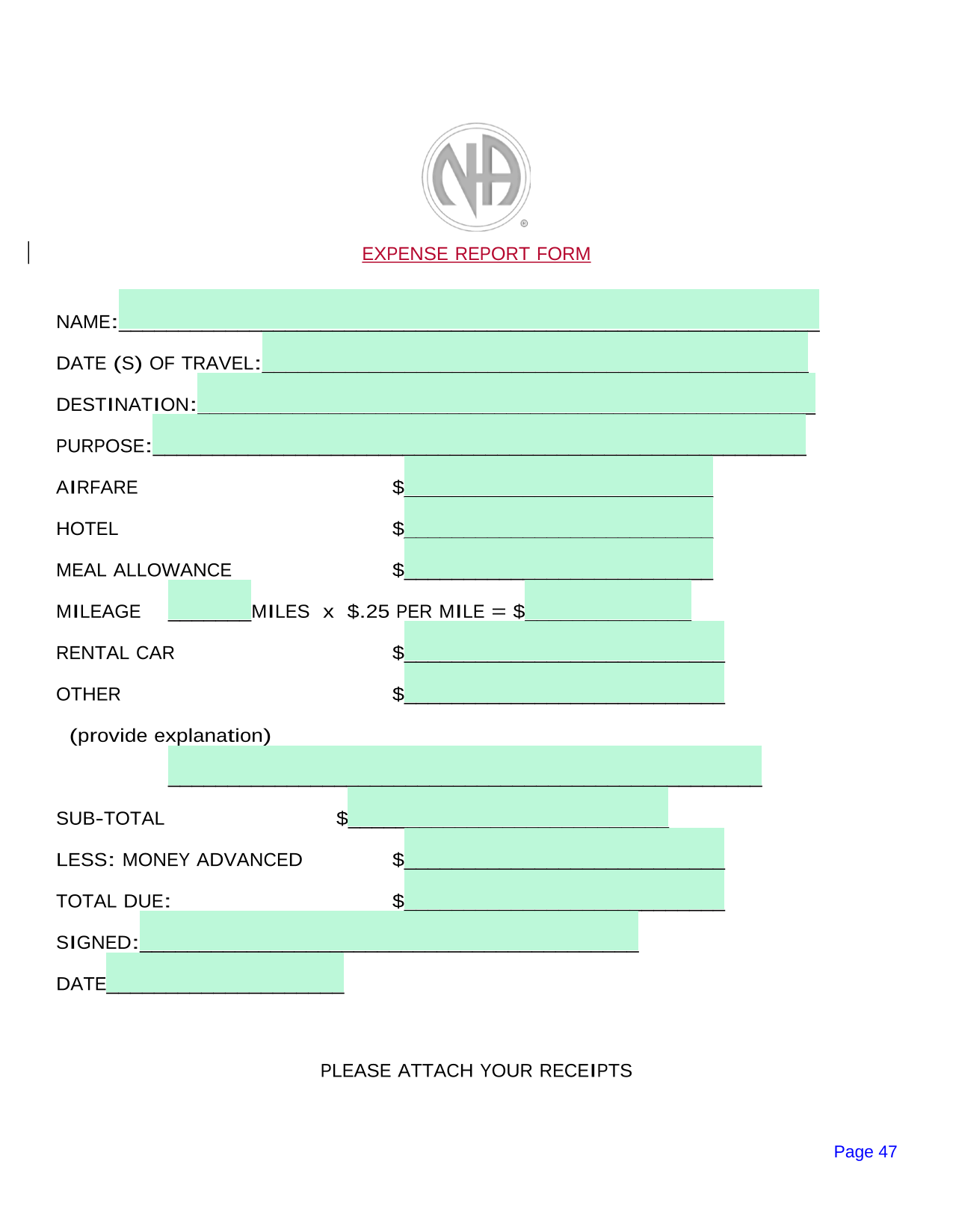 Expense Report Form screenshot