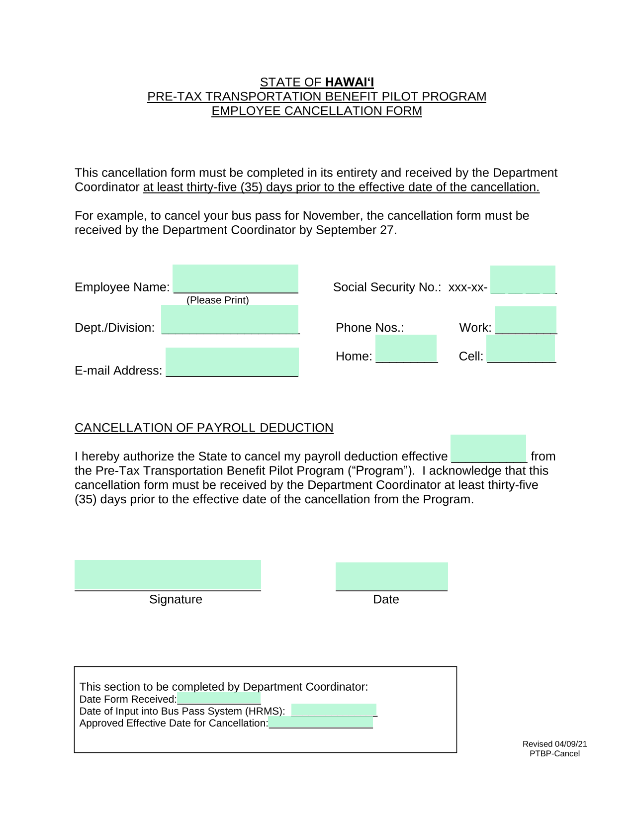 PRE TAX TRANSPORTATION BENEFIT PILOT PROGRAM EMPLOYEE CANCELLATION FORM screenshot