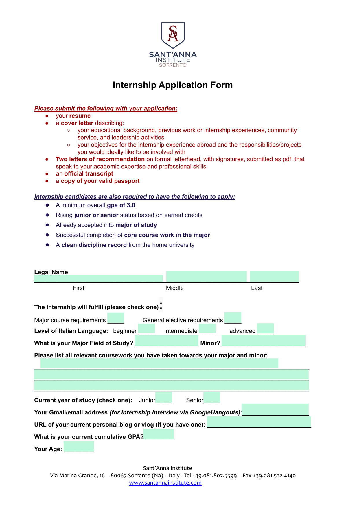 Internship Application Form screenshot