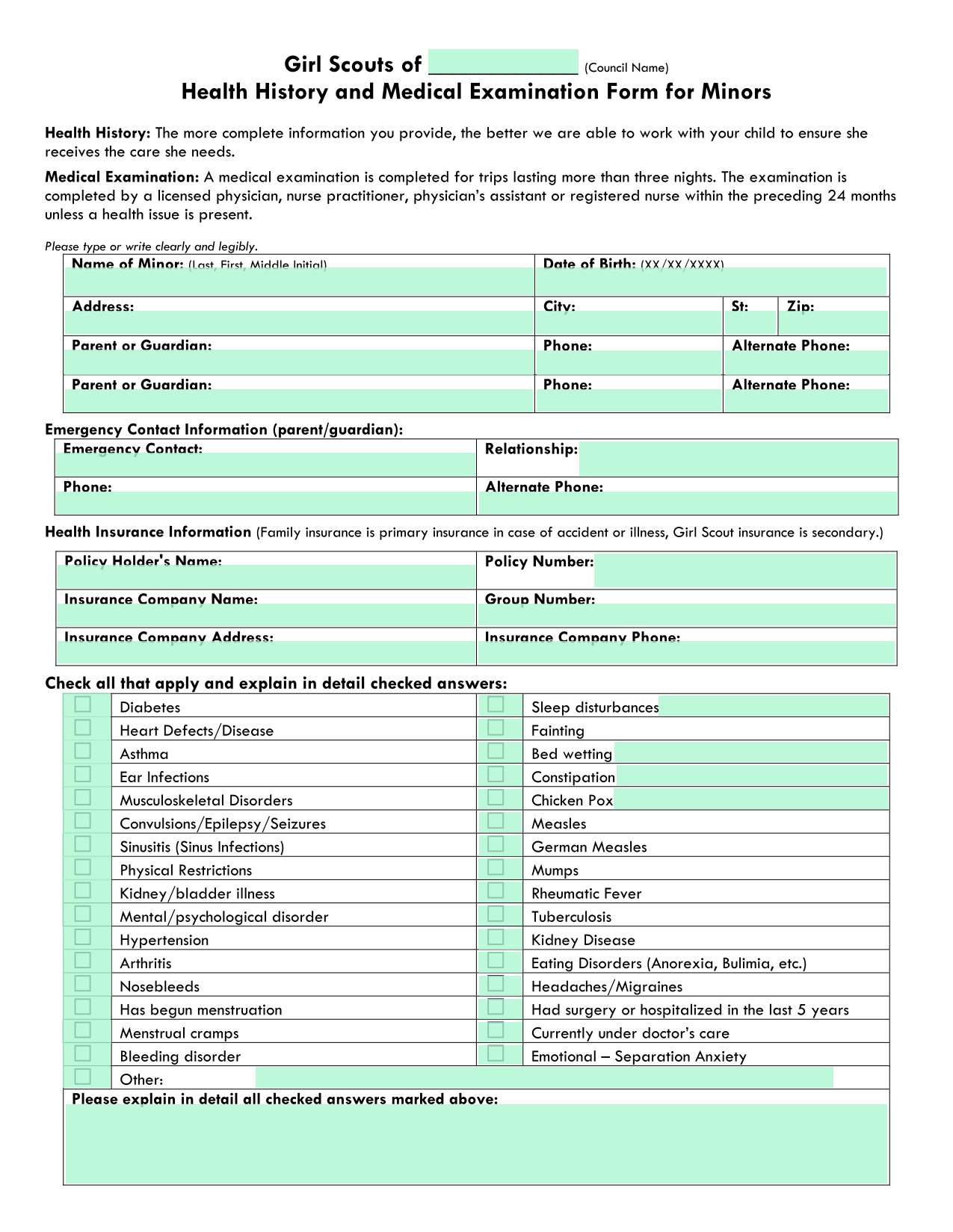 Girl Scouts Health History And Medical Examination Form For Minors screenshot